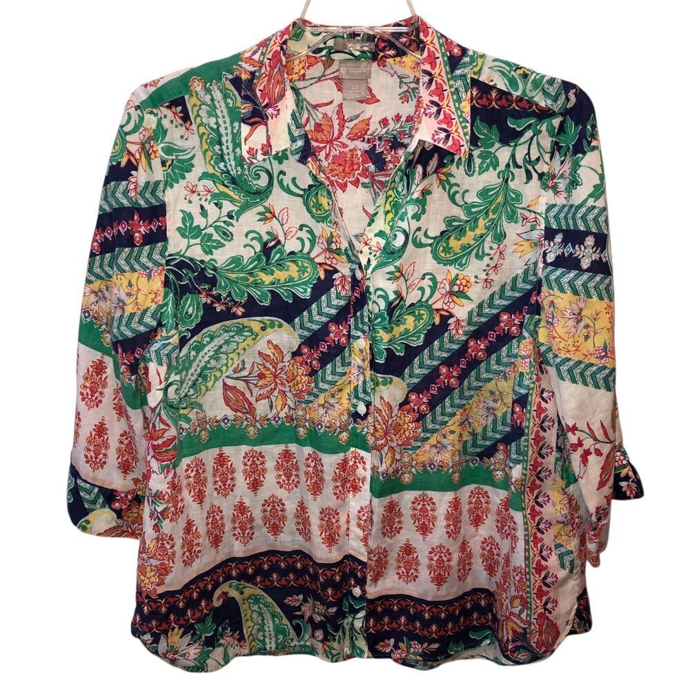 Chicos Size 3 / 18  Floral Paisley Linen No Iron Button Up 3/4 Sleeve Top Shirt